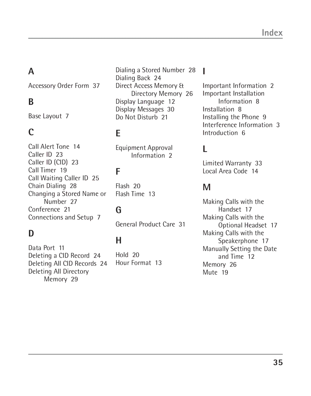 GE 25202 manual Index, Conference 21 Connections and Setup, Dialing a Stored Number 