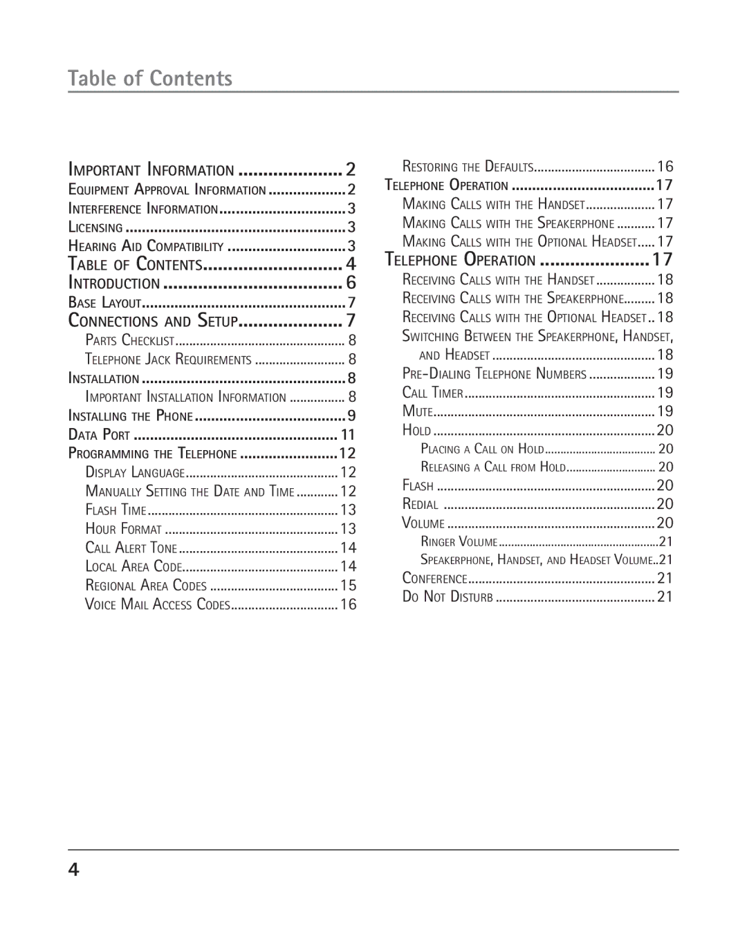 GE 25202 manual Table of Contents 