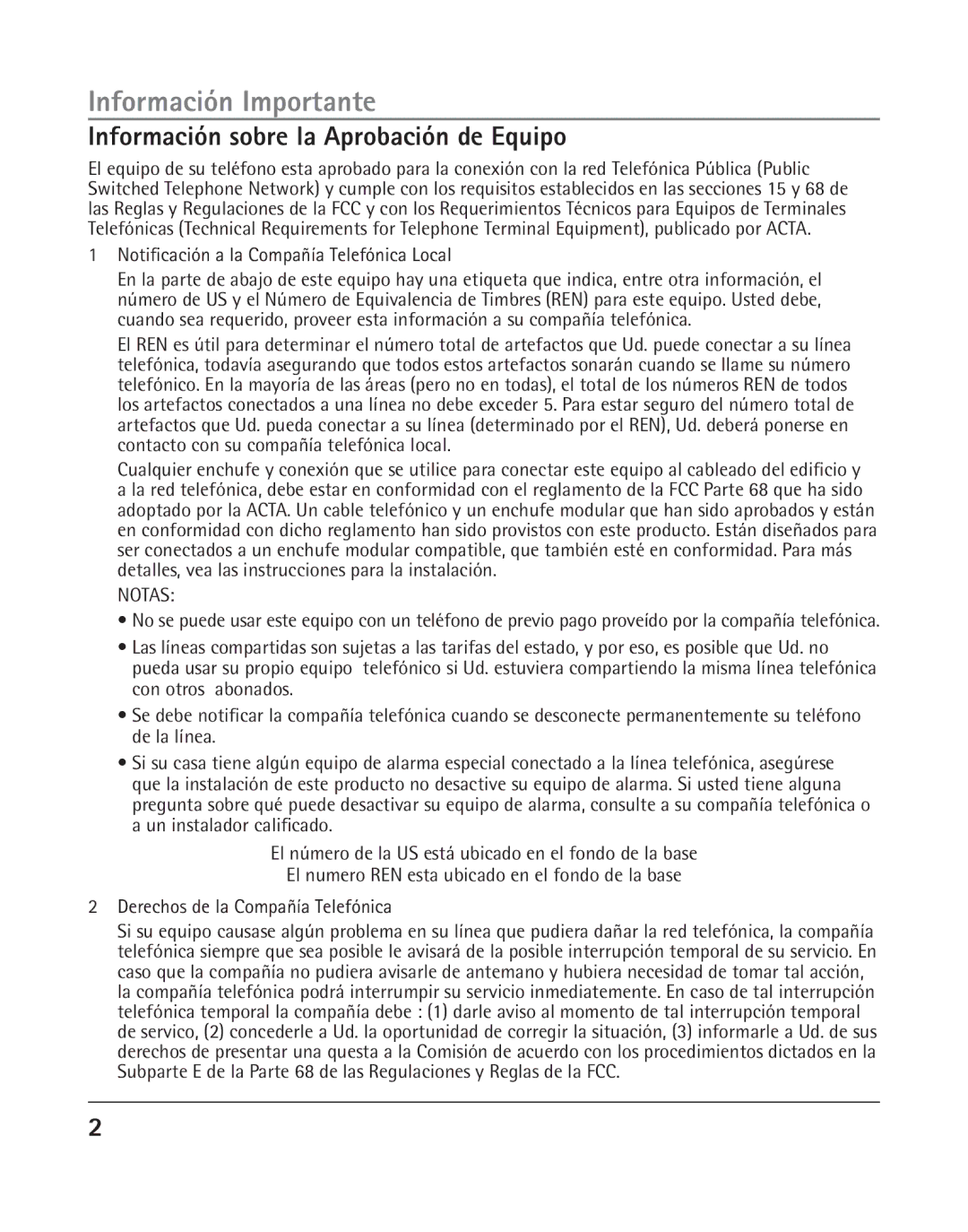 GE 25202 Información Importante, Información sobre la Aprobación de Equipo, Notificación a la Compañía Telefónica Local 