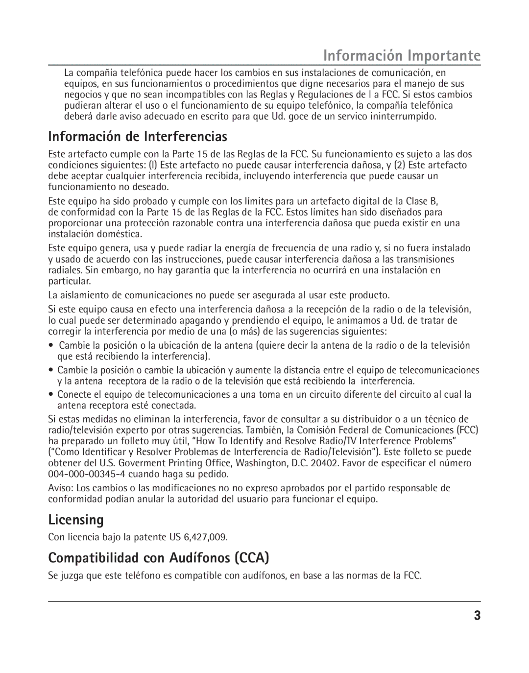 GE 25202 manual Información de Interferencias, Compatibilidad con Audífonos CCA, Con licencia bajo la patente US 6,427,009 