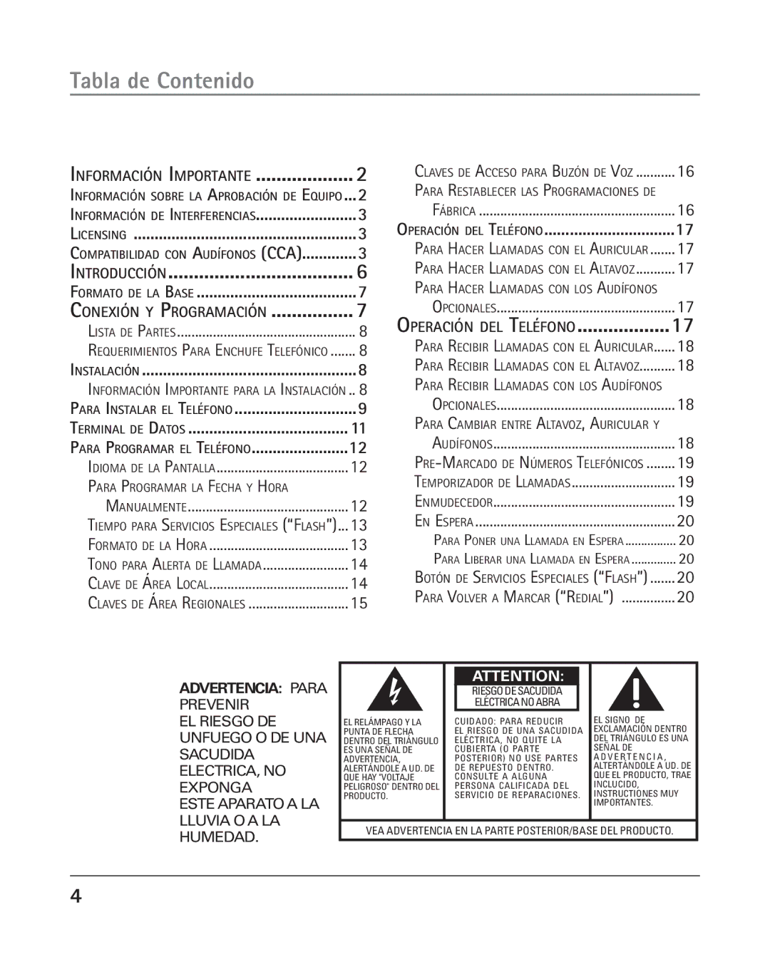 GE 25202 manual Tabla de Contenido, Información Importante 