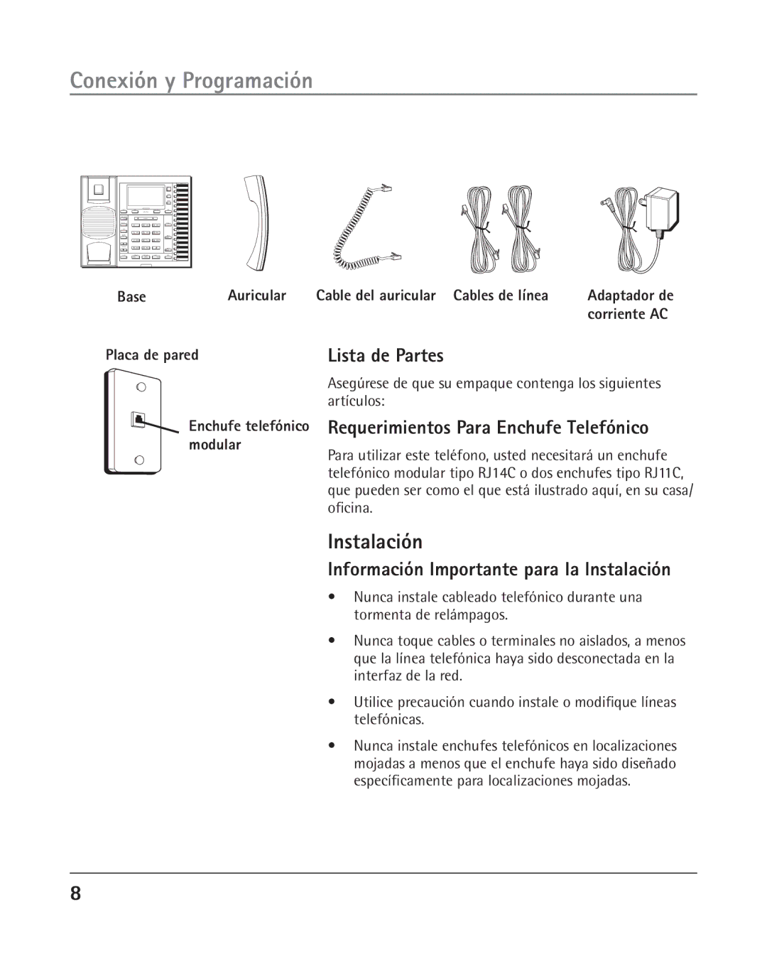 GE 25202 manual Lista de Partes, Requerimientos Para Enchufe Telefónico, Información Importante para la Instalación 