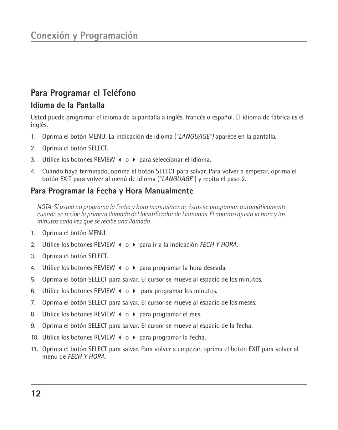 GE 25202 manual Para Programar el Teléfono, Idioma de la Pantalla, Para Programar la Fecha y Hora Manualmente 