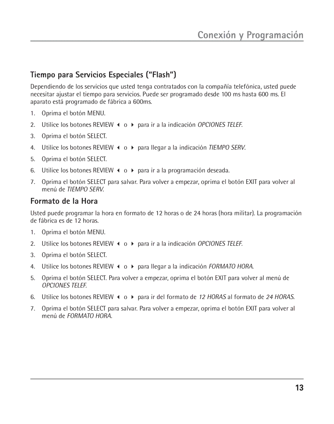 GE 25202 manual Tiempo para Servicios Especiales Flash, Formato de la Hora 