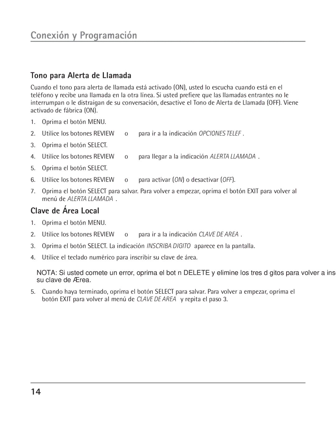 GE 25202 manual Tono para Alerta de Llamada, Clave de Área Local 