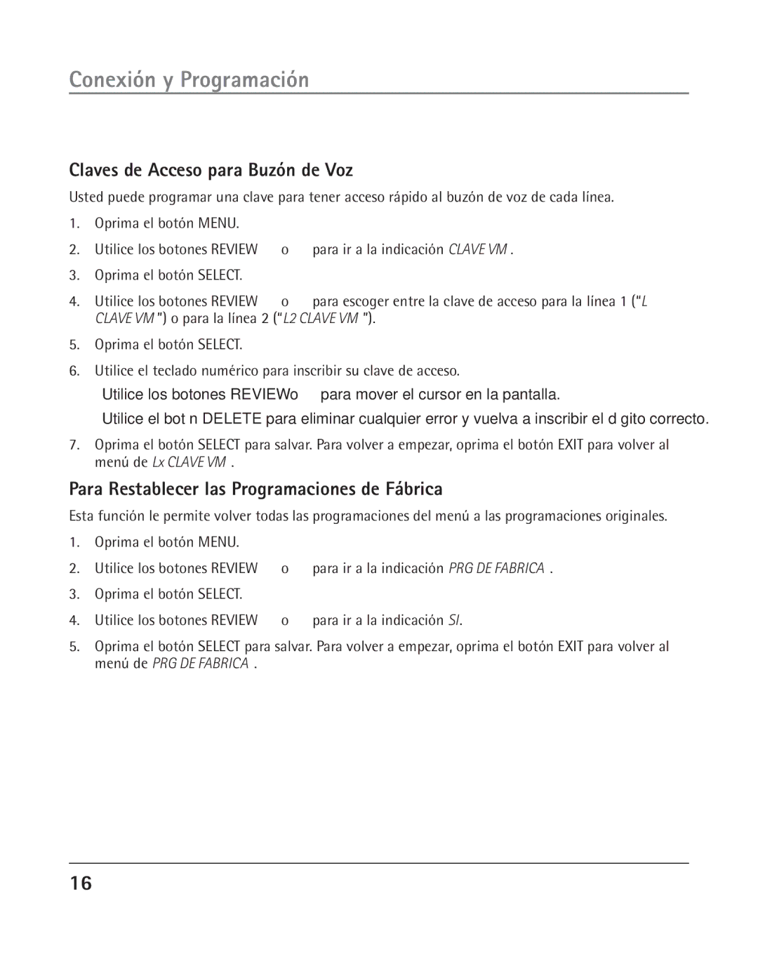 GE 25202 manual Claves de Acceso para Buzón de Voz, Para Restablecer las Programaciones de Fábrica 