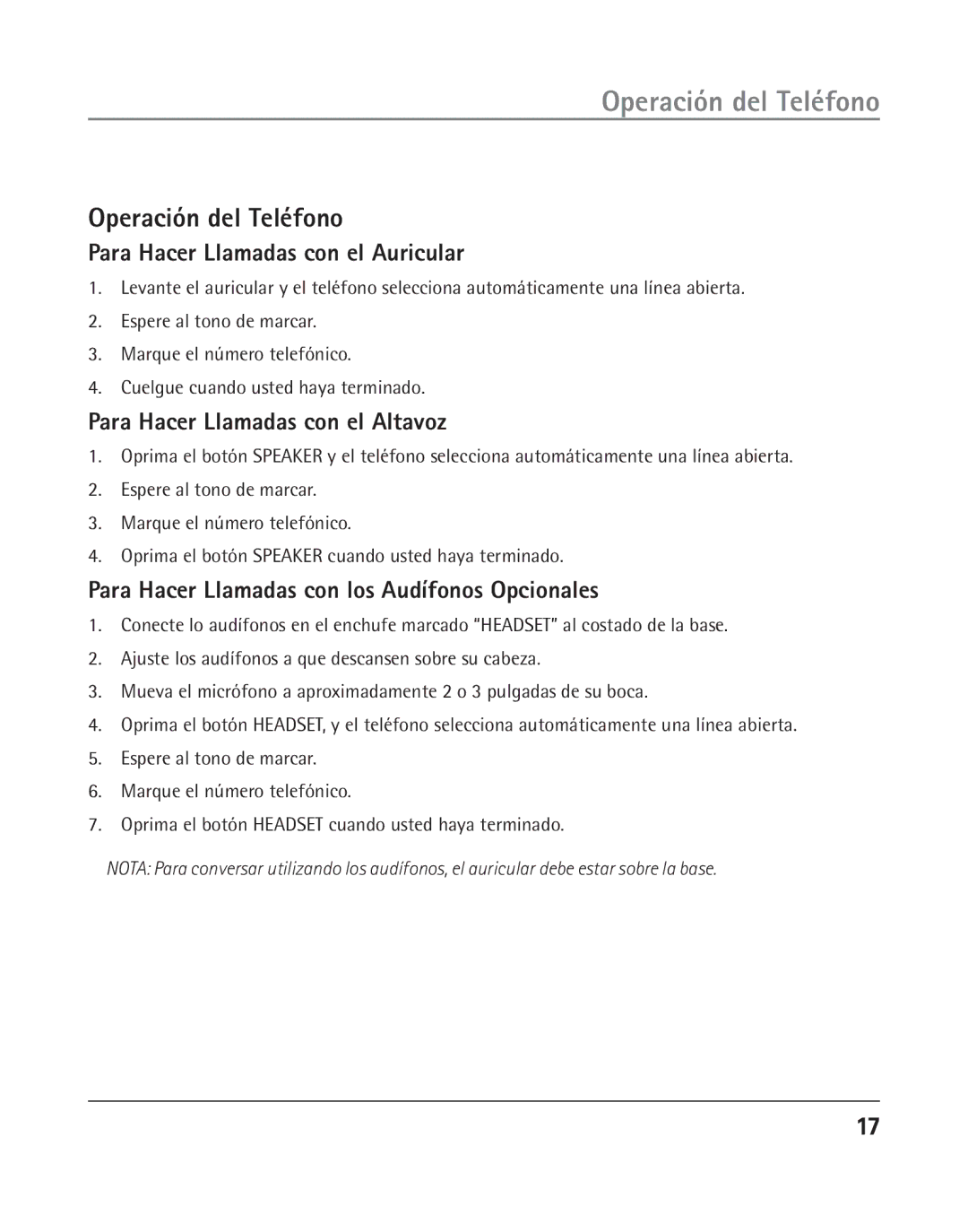 GE 25202 manual Operación del Teléfono, Para Hacer Llamadas con el Auricular, Para Hacer Llamadas con el Altavoz 