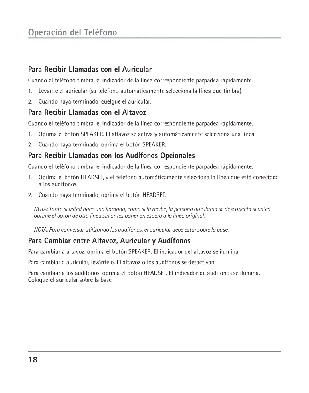 GE 25202 manual Para Recibir Llamadas con el Auricular, Para Recibir Llamadas con el Altavoz 