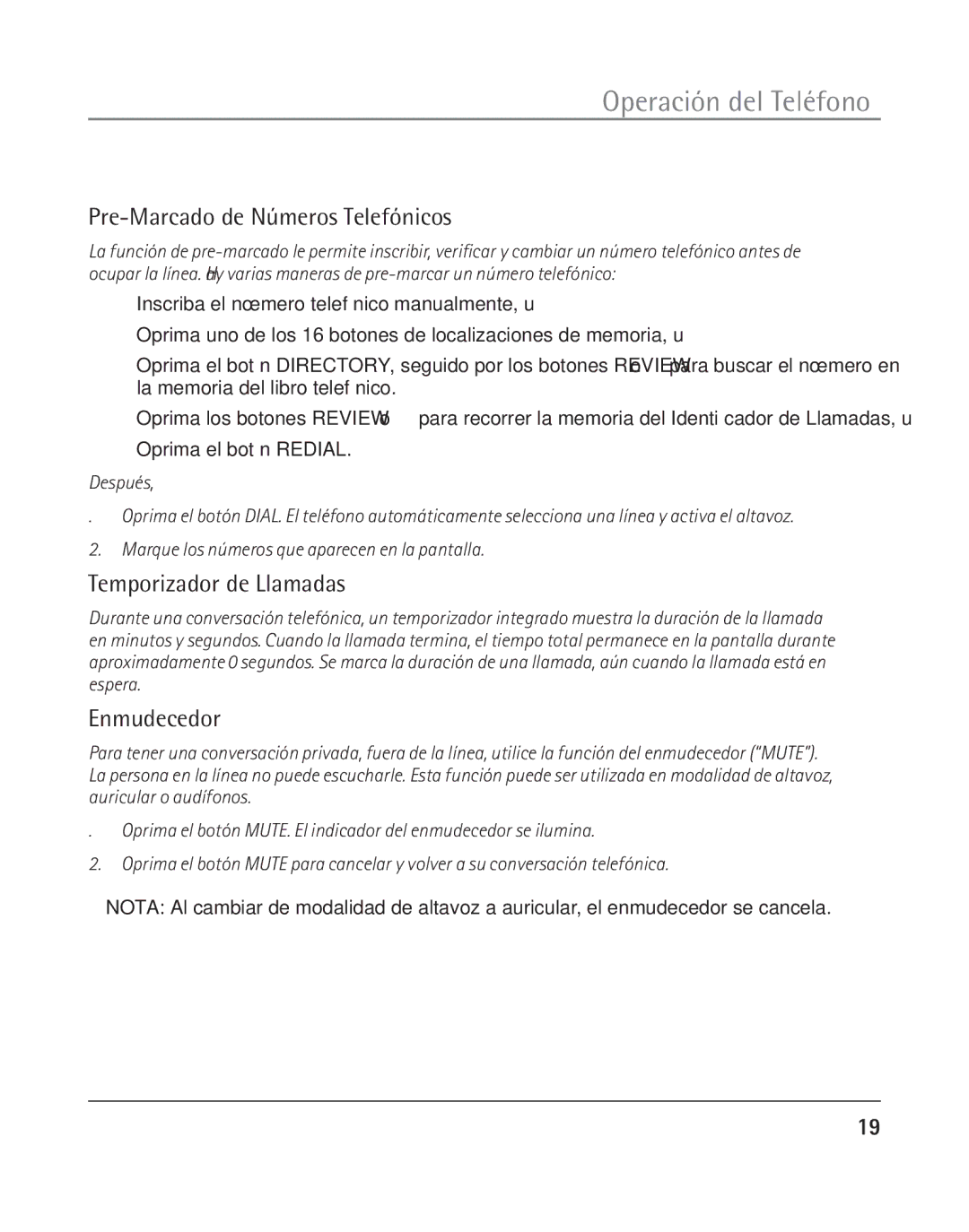 GE 25202 manual Pre-Marcado de Números Telefónicos, Temporizador de Llamadas, Enmudecedor 