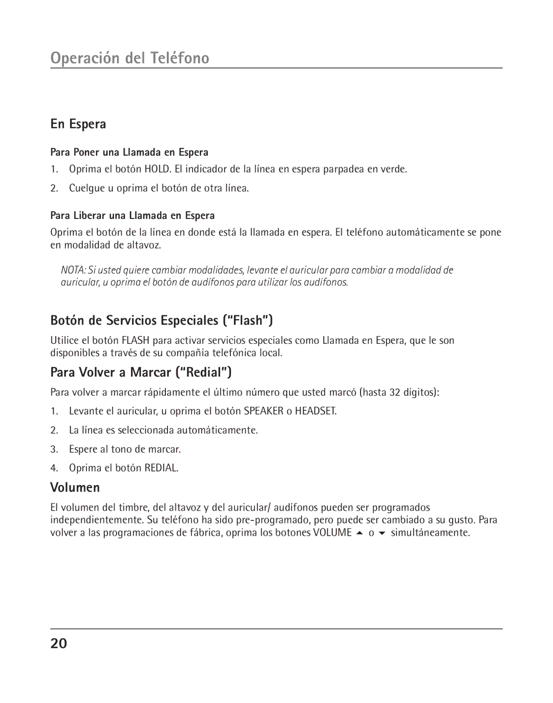 GE 25202 manual En Espera, Botón de Servicios Especiales Flash, Para Volver a Marcar Redial, Volumen 