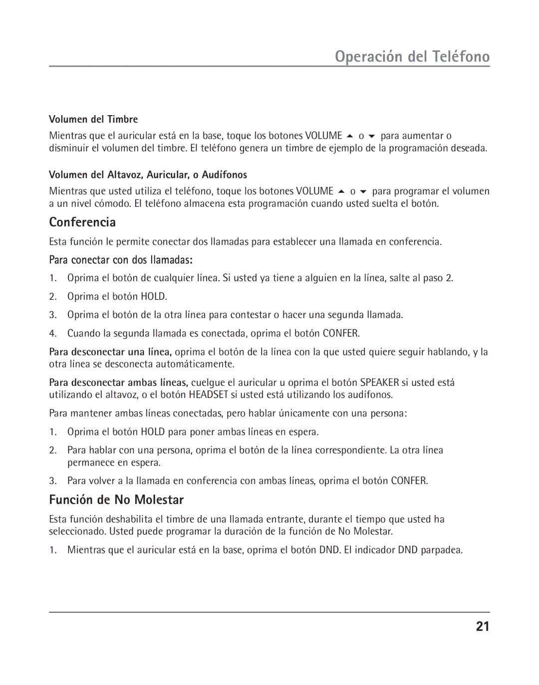 GE 25202 manual Conferencia, Función de No Molestar, Volumen del Timbre, Volumen del Altavoz, Auricular, o Audífonos 