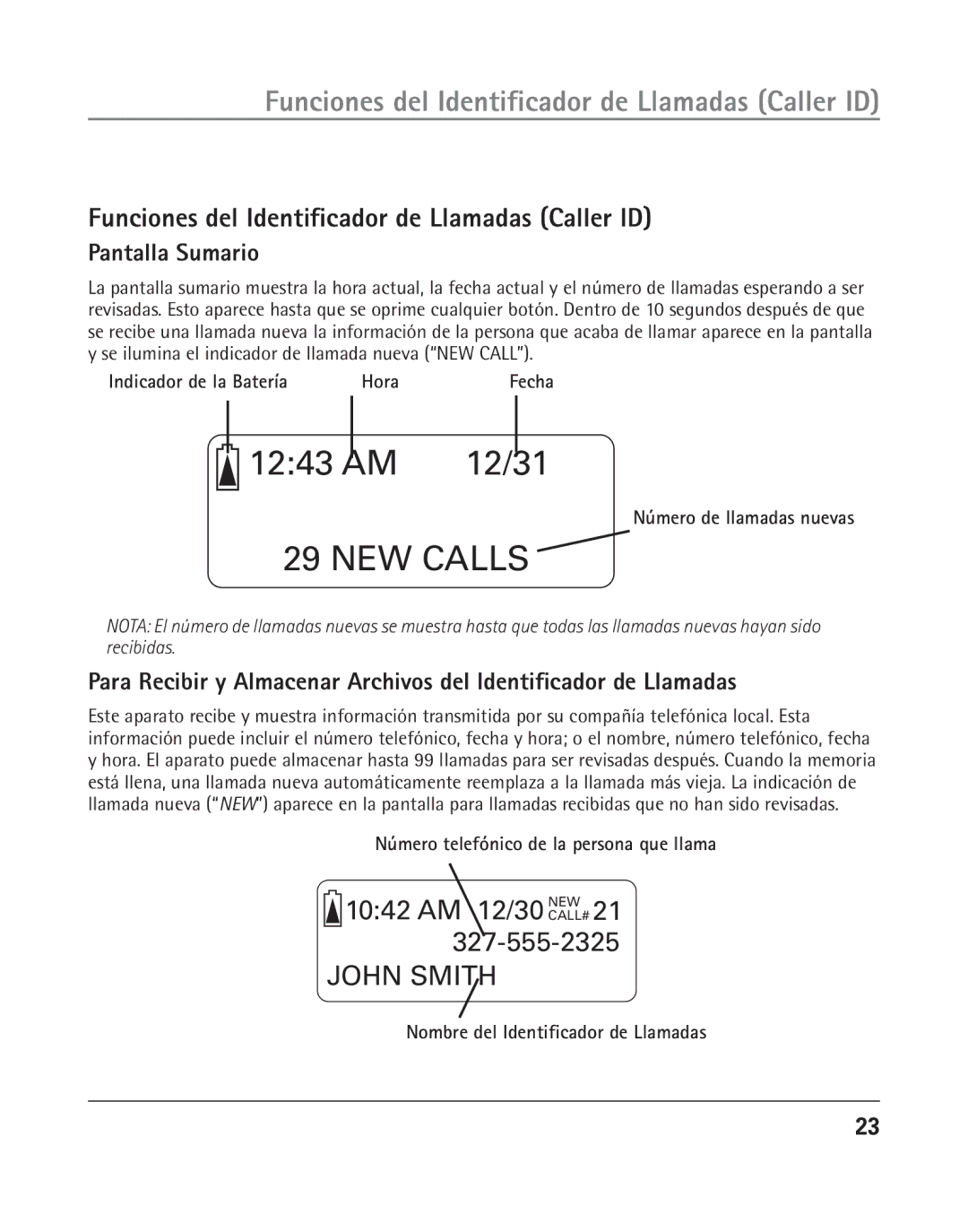 GE 25202 manual Funciones del Identificador de Llamadas Caller ID, Pantalla Sumario 