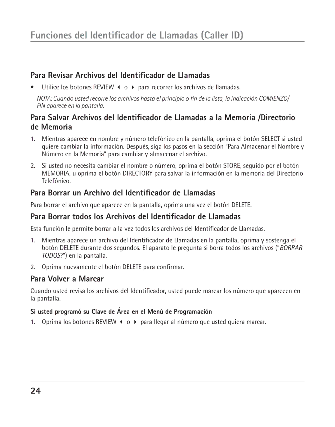 GE 25202 manual Para Revisar Archivos del Identificador de Llamadas, Para Borrar un Archivo del Identificador de Llamadas 