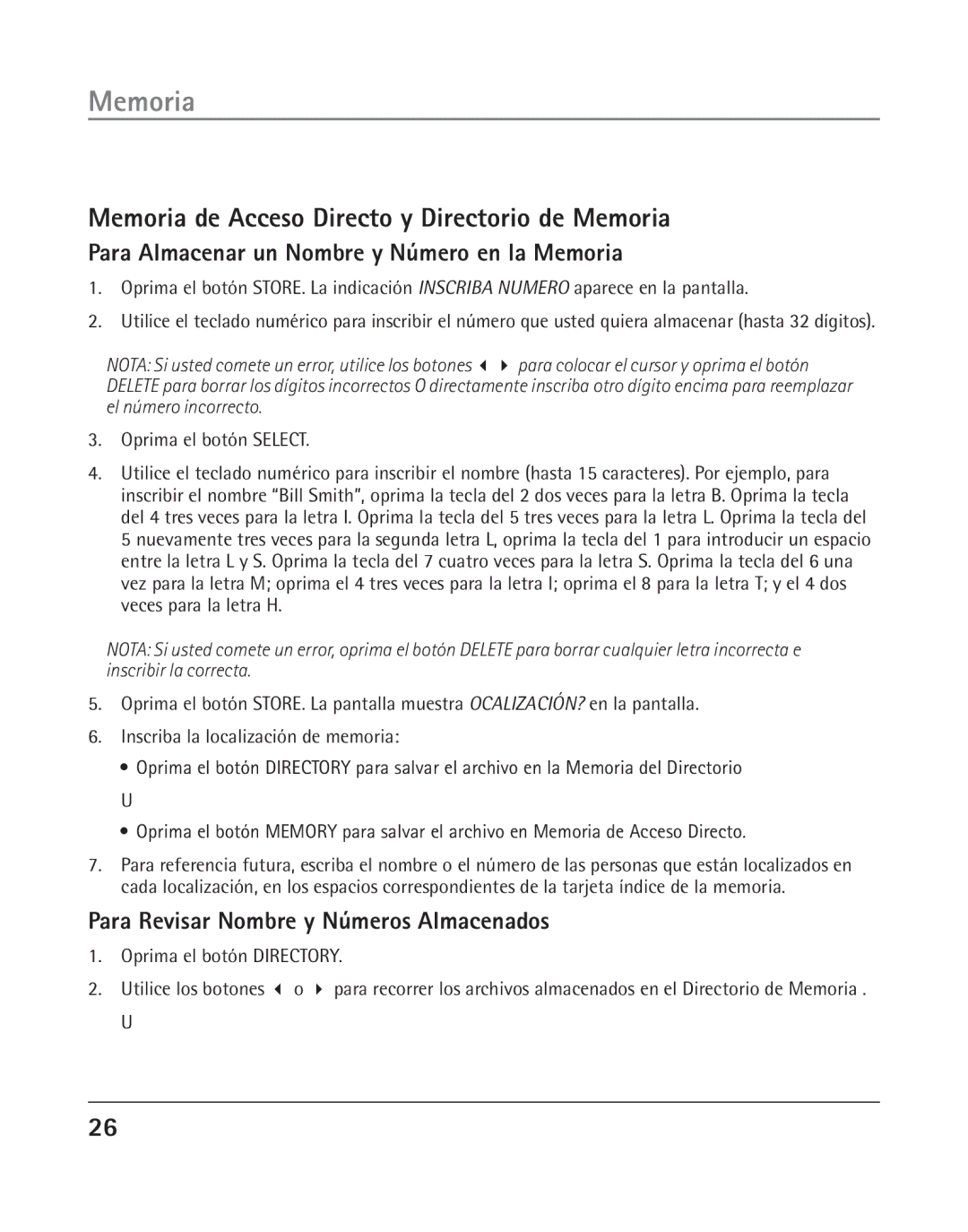 GE 25202 manual Memoria de Acceso Directo y Directorio de Memoria, Para Almacenar un Nombre y Número en la Memoria 