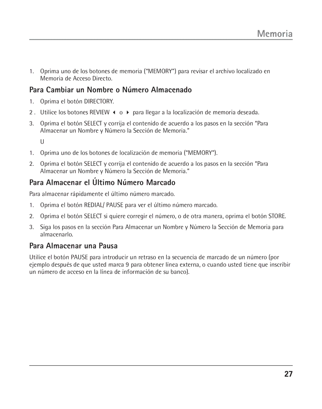 GE 25202 Para Cambiar un Nombre o Número Almacenado, Para Almacenar el Último Número Marcado, Para Almacenar una Pausa 