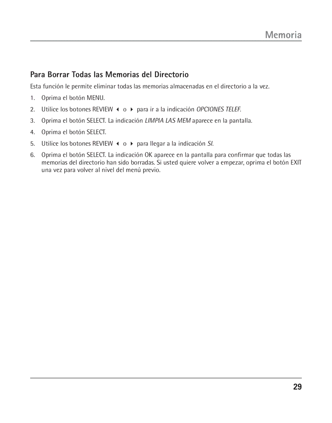 GE 25202 manual Para Borrar Todas las Memorias del Directorio 