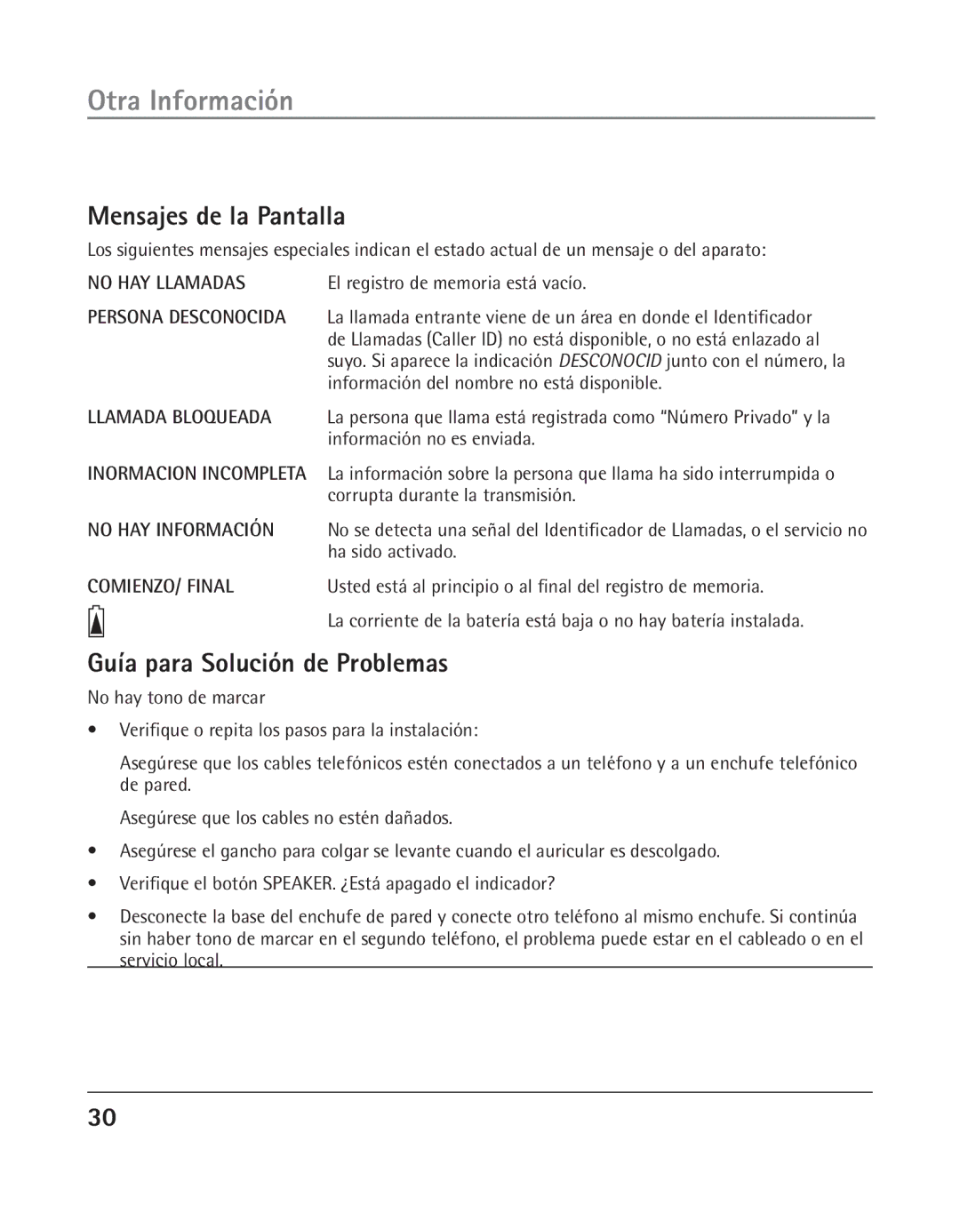 GE 25202 manual Otra Información, Mensajes de la Pantalla, Guía para Solución de Problemas 