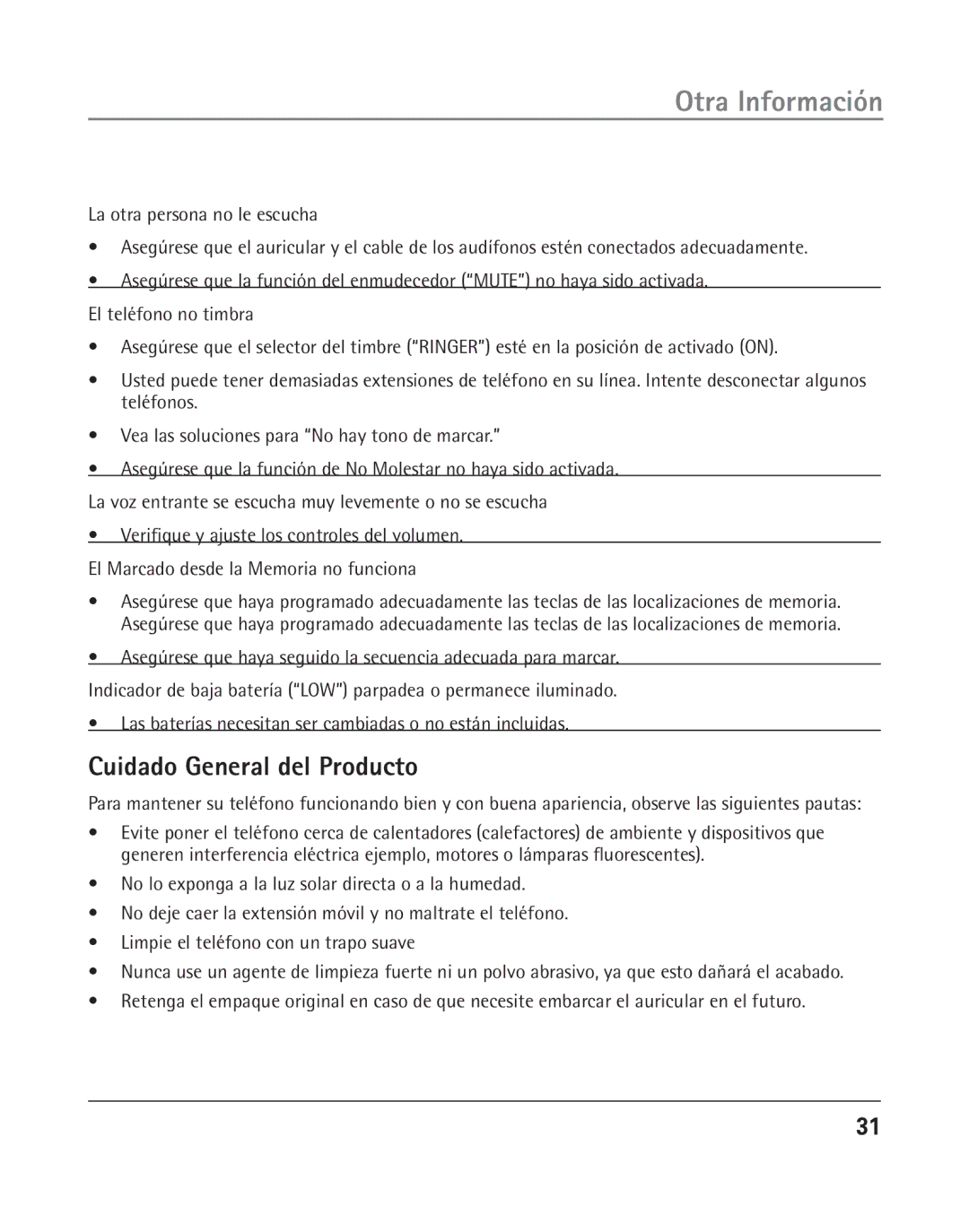 GE 25202 manual Cuidado General del Producto 