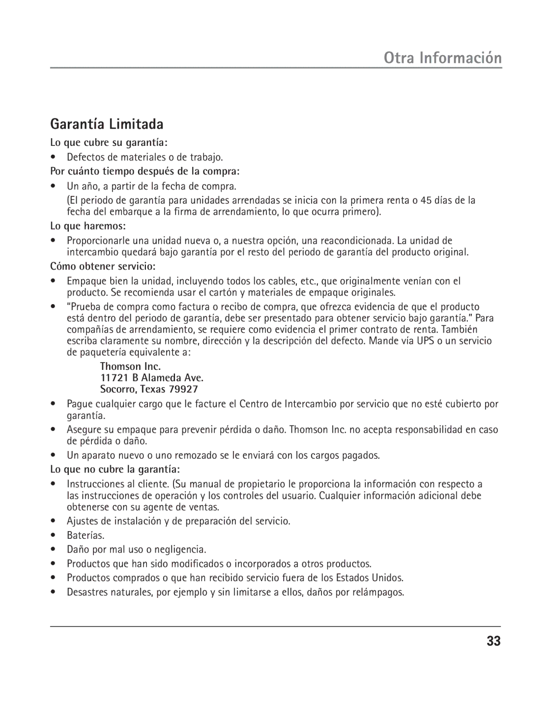 GE 25202 manual Garantía Limitada 