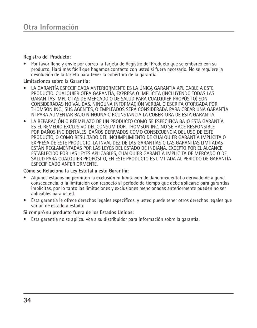 GE 25202 manual Registro del Producto, Limitaciones sobre la Garantía, Cómo se Relaciona la Ley Estatal a esta Garantía 