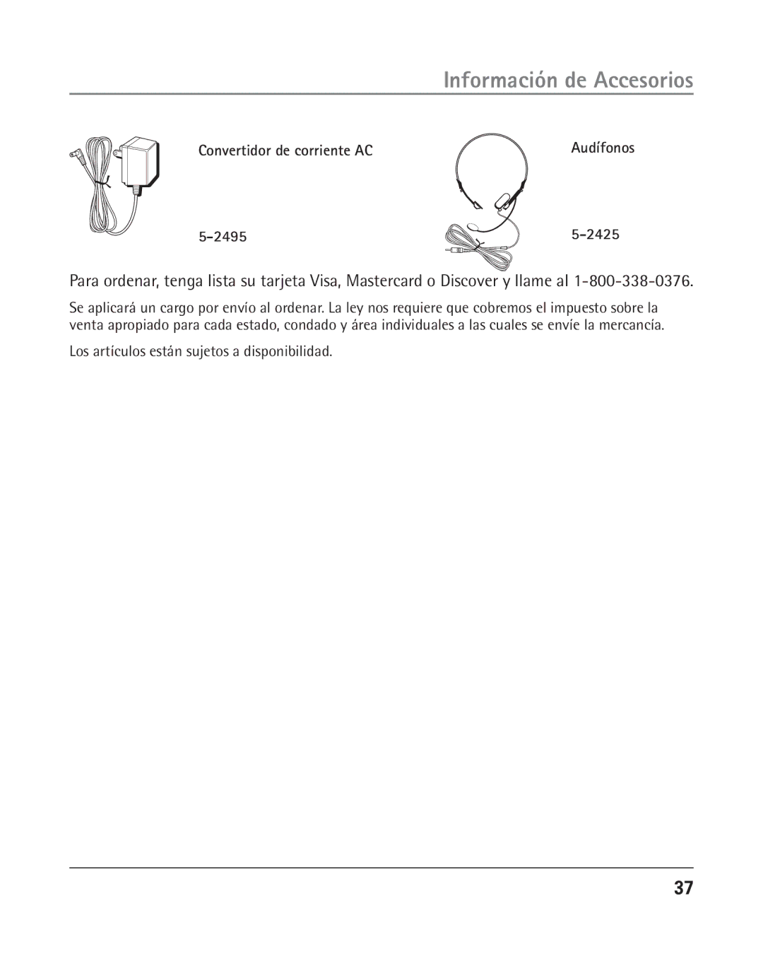 GE 25202 manual Convertidor de corriente AC Audífonos 2495 2425, Los artículos están sujetos a disponibilidad 