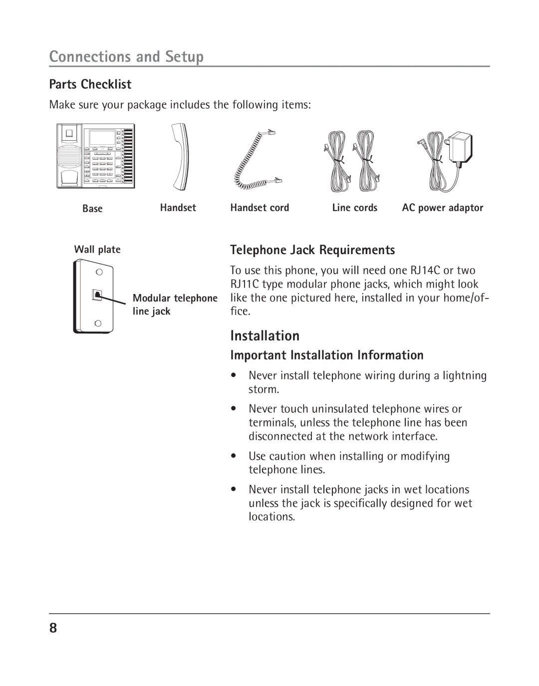 GE 25202 manual Parts Checklist, Wall plateTelephone Jack Requirements, Important Installation Information 