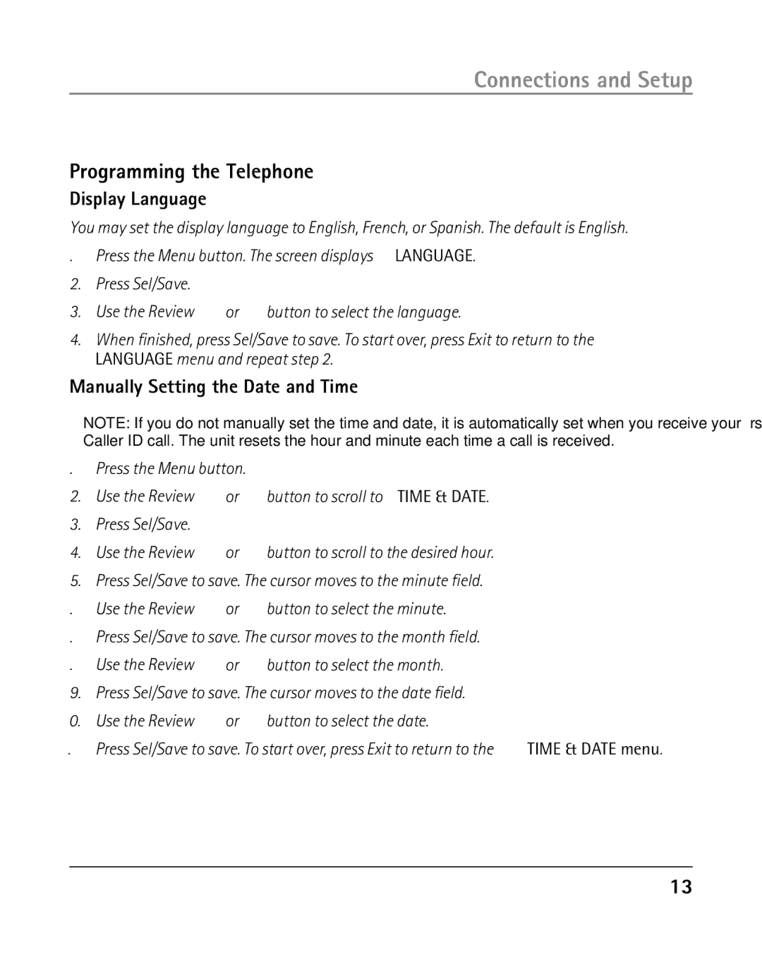 GE 25203 manual Programming the Telephone, Display Language, Manually Setting the Date and Time 