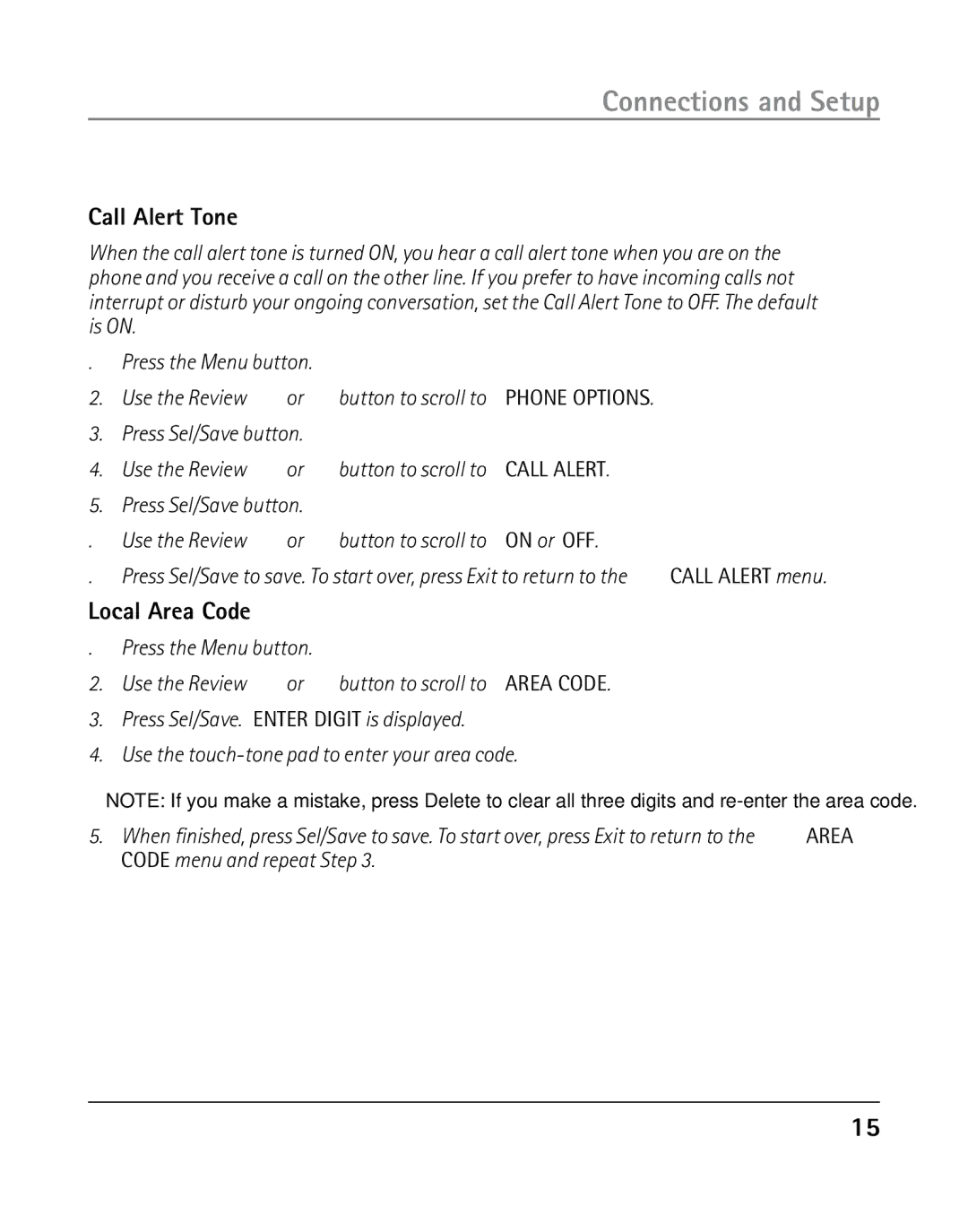 GE 25203 manual Call Alert Tone, Local Area Code 