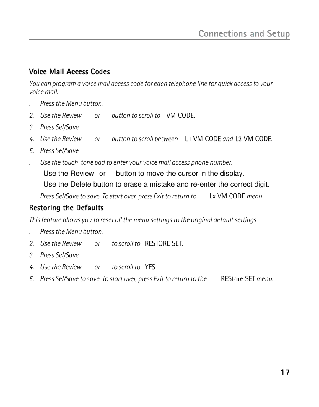 GE 25203 manual Voice Mail Access Codes, Restoring the Defaults 