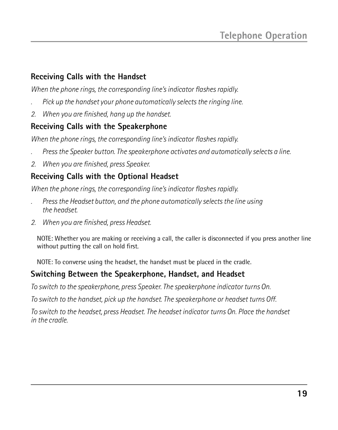 GE 25203 manual Receiving Calls with the Handset, Receiving Calls with the Speakerphone 