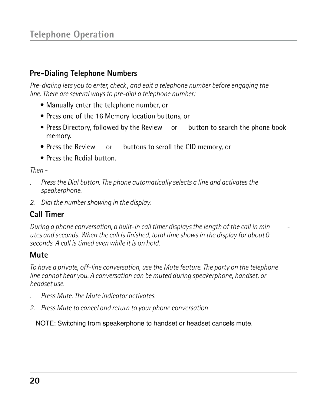 GE 25203 manual Pre-Dialing Telephone Numbers, Call Timer, Mute 