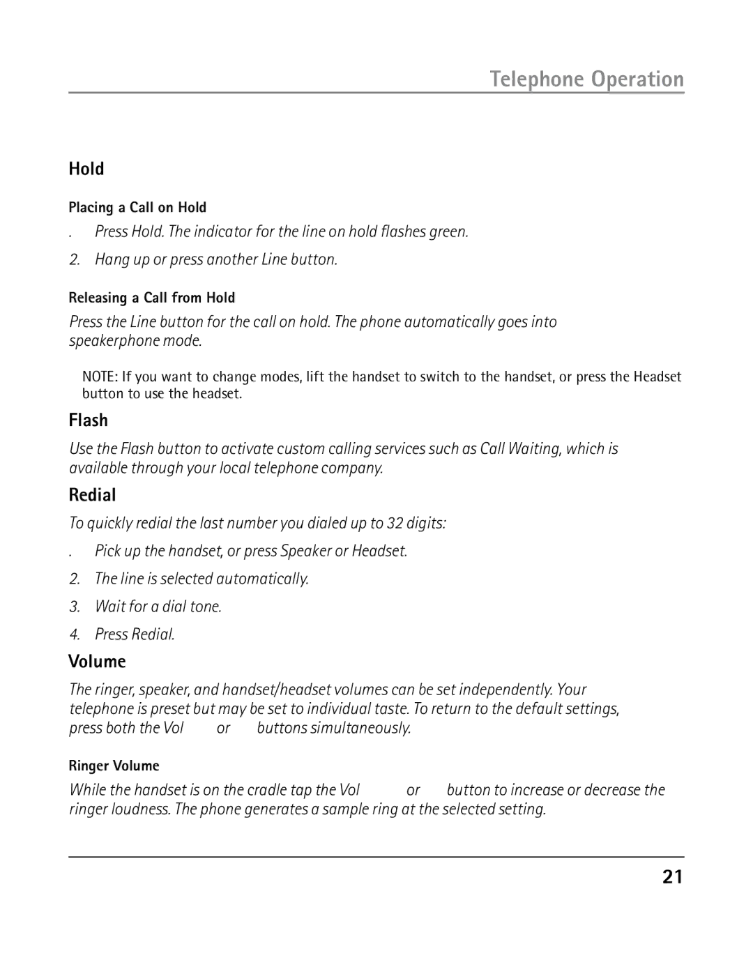 GE 25203 manual Hold, Flash, Redial, Volume 