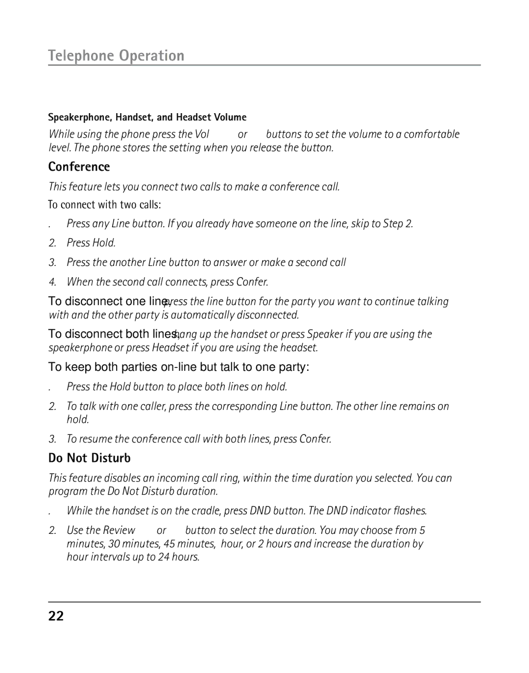 GE 25203 manual Conference, Do Not Disturb, To connect with two calls, To keep both parties on-line but talk to one party 