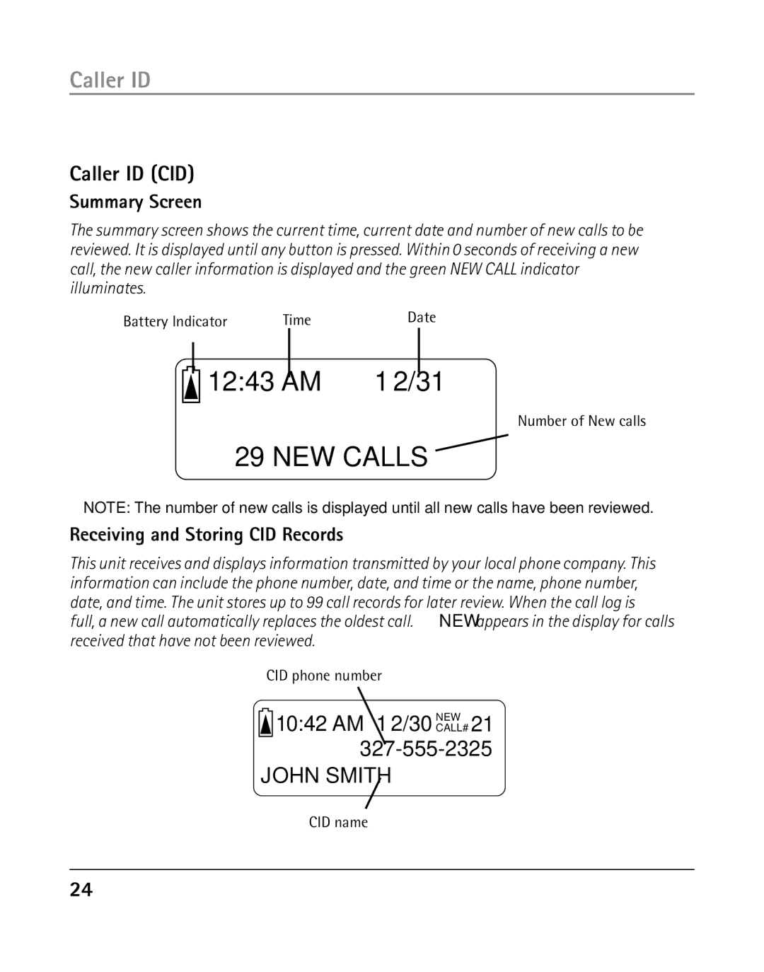 GE 25203 manual Caller ID CID, Summary Screen, Receiving and Storing CID Records 