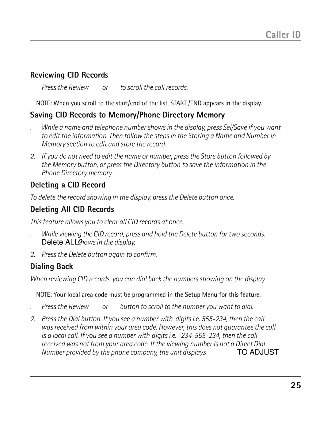 GE 25203 Reviewing CID Records, Saving CID Records to Memory/Phone Directory Memory, Deleting a CID Record, Dialing Back 