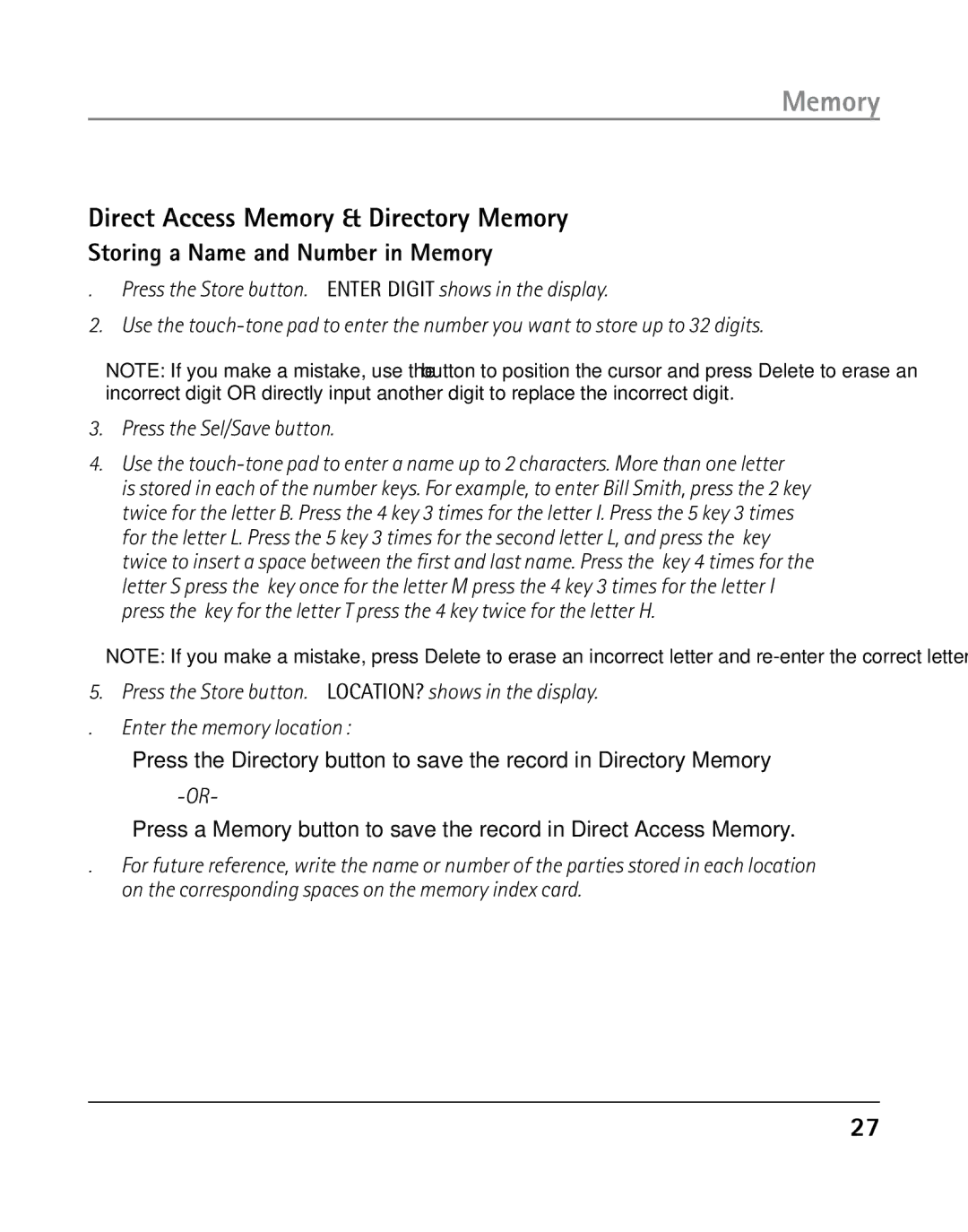 GE 25203 manual Direct Access Memory & Directory Memory, Storing a Name and Number in Memory 