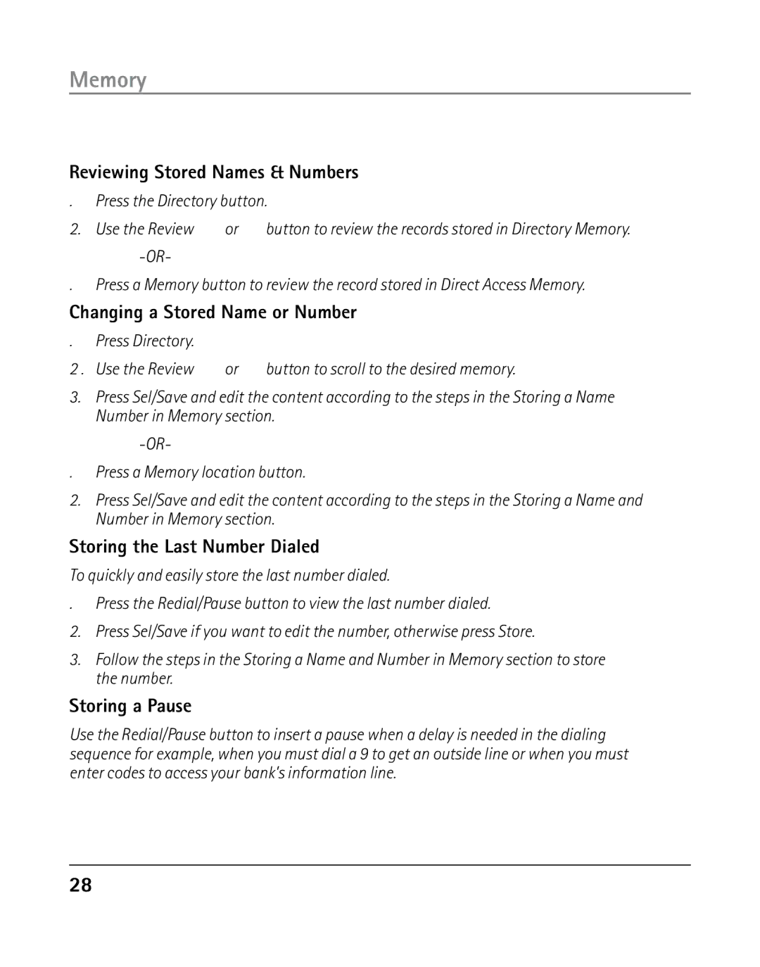 GE 25203 manual Reviewing Stored Names & Numbers, Changing a Stored Name or Number, Storing the Last Number Dialed 