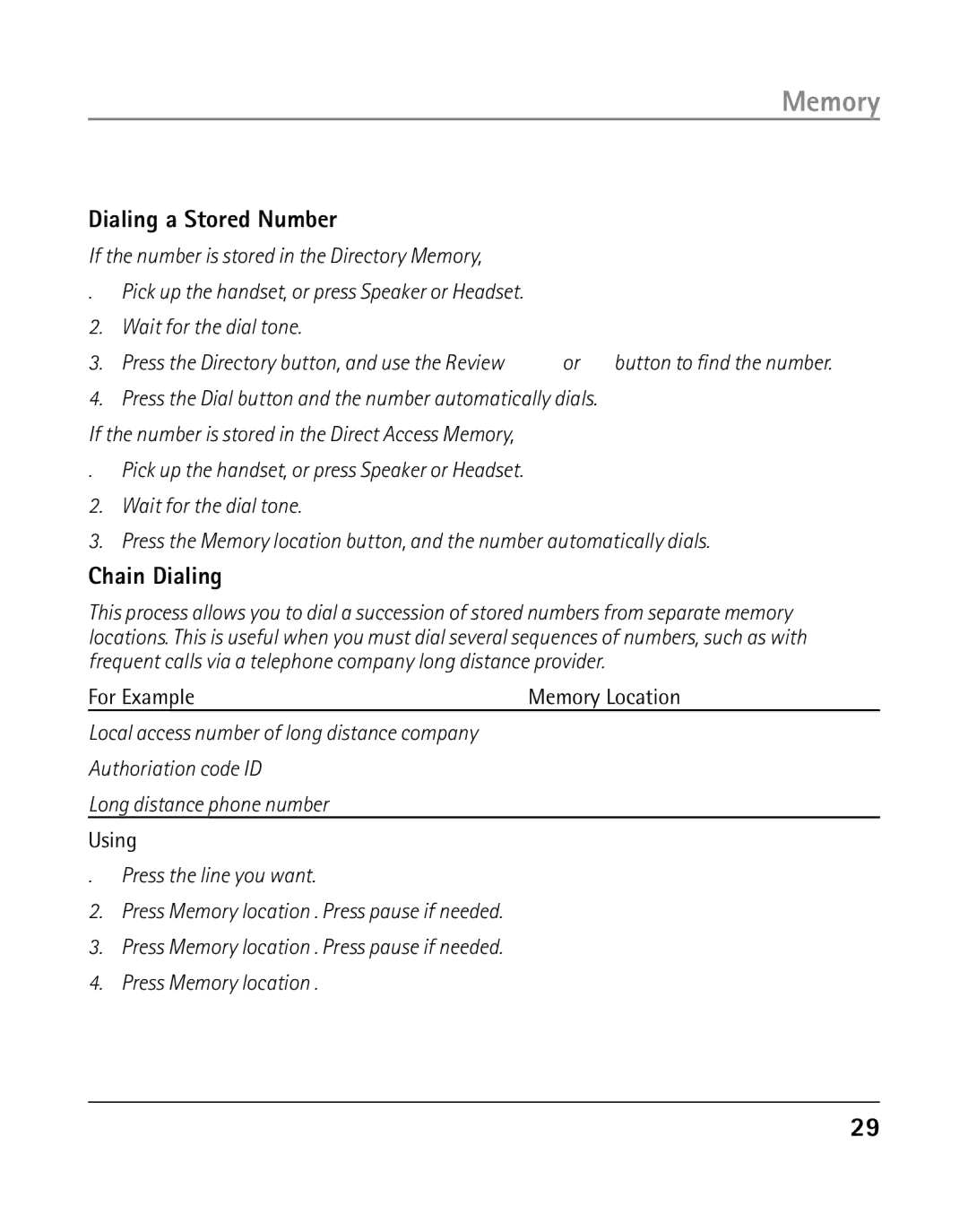 GE 25203 manual Dialing a Stored Number, Chain Dialing 