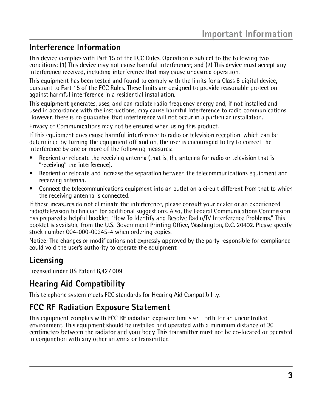 GE 25203 manual Interference Information, Licensing, Hearing Aid Compatibility, FCC RF Radiation Exposure Statement 