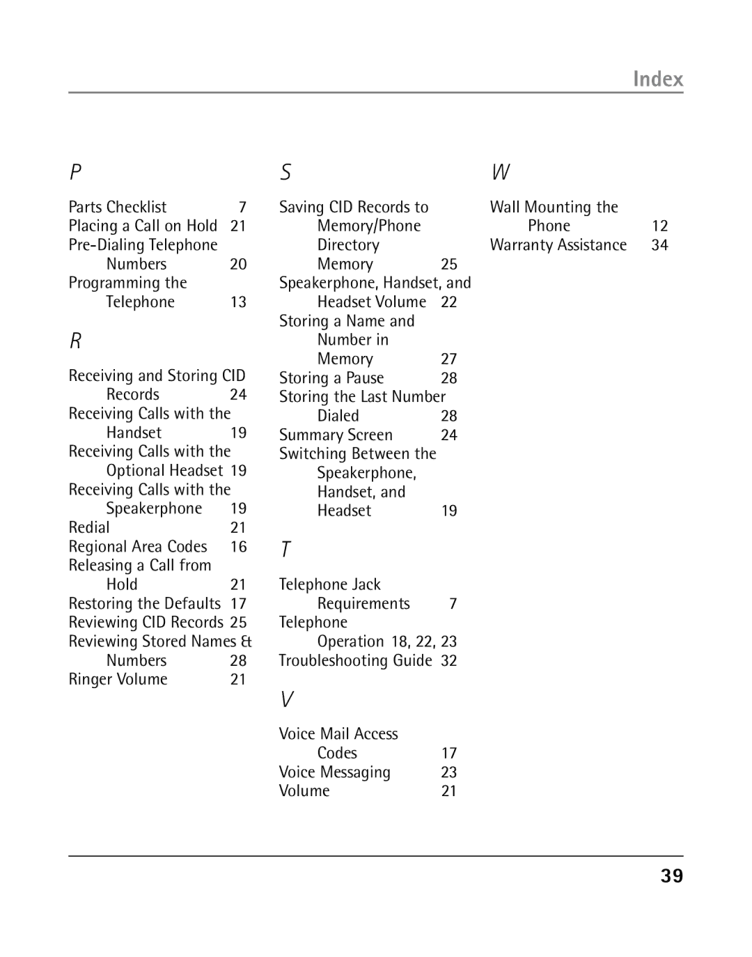 GE 25203 manual Index 