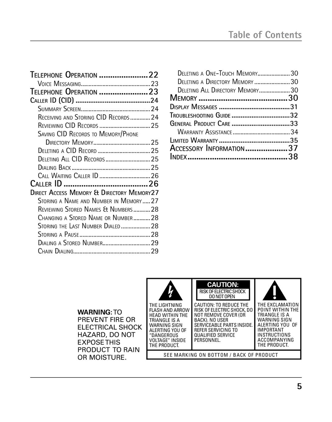 GE 25203 manual Telephone Operation, Caller ID, Memory, General Product Care, Index 