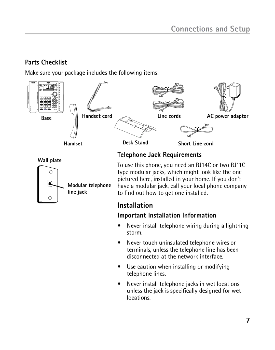 GE 25203 manual Connections and Setup, Installation, Parts Checklist, Telephone Jack Requirements 