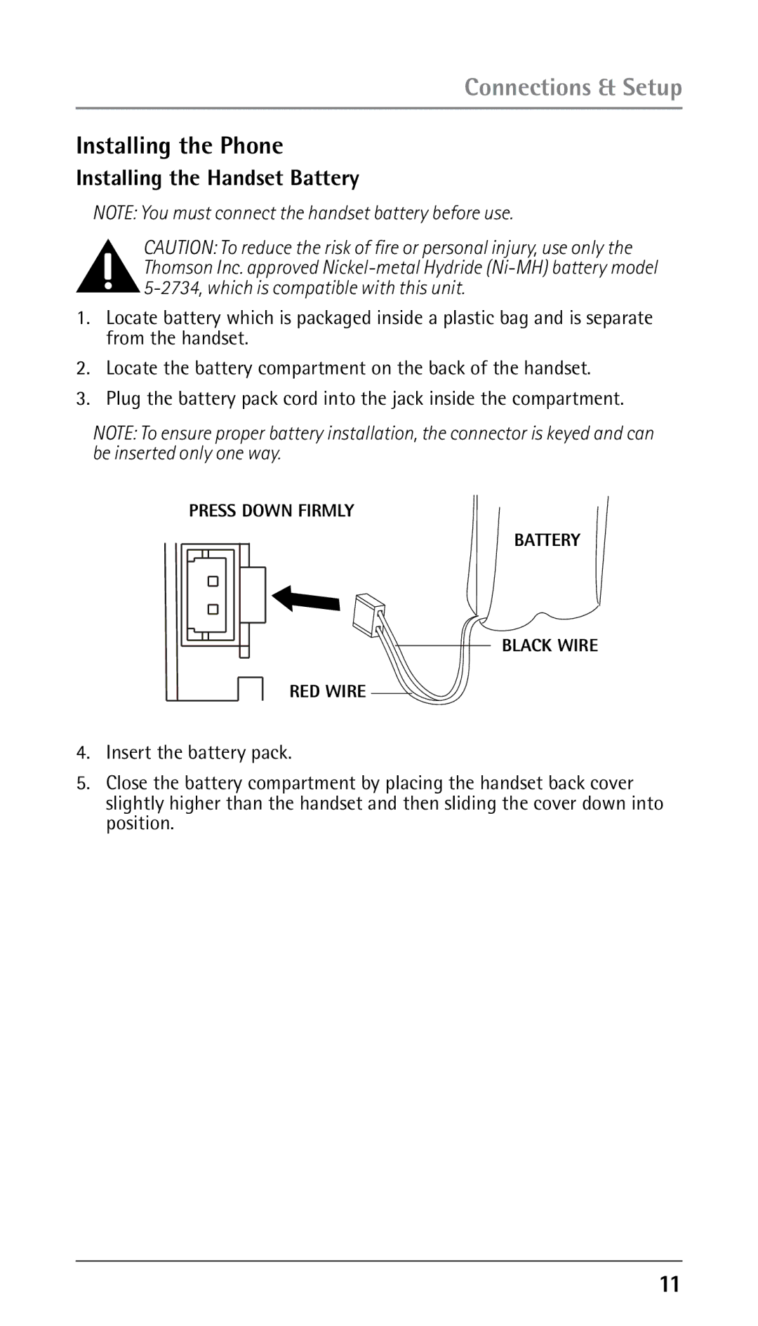 GE 25210 manual Installing the Phone, Installing the Handset Battery 