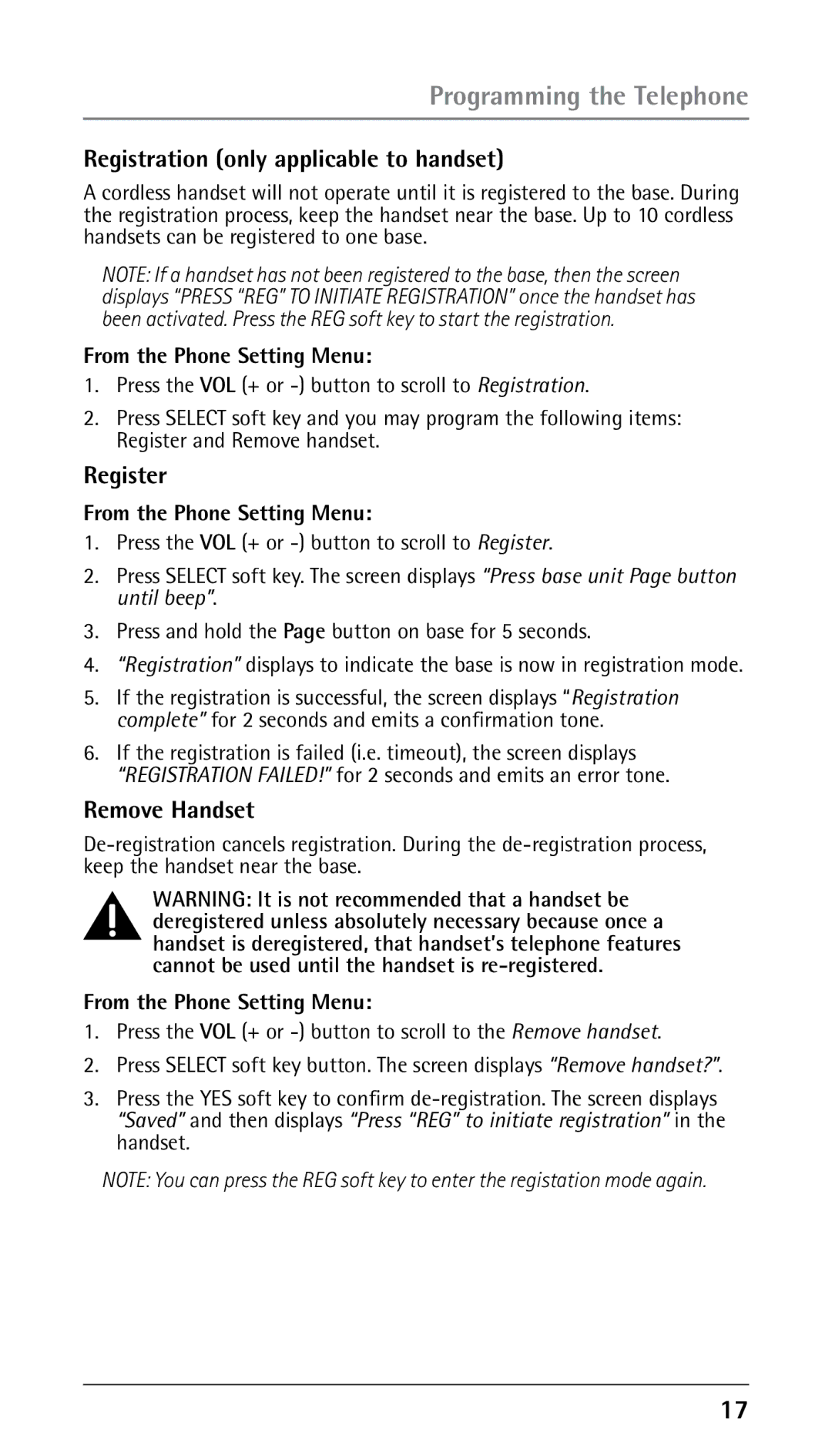 GE 25210 manual Registration only applicable to handset, Register, Remove Handset 