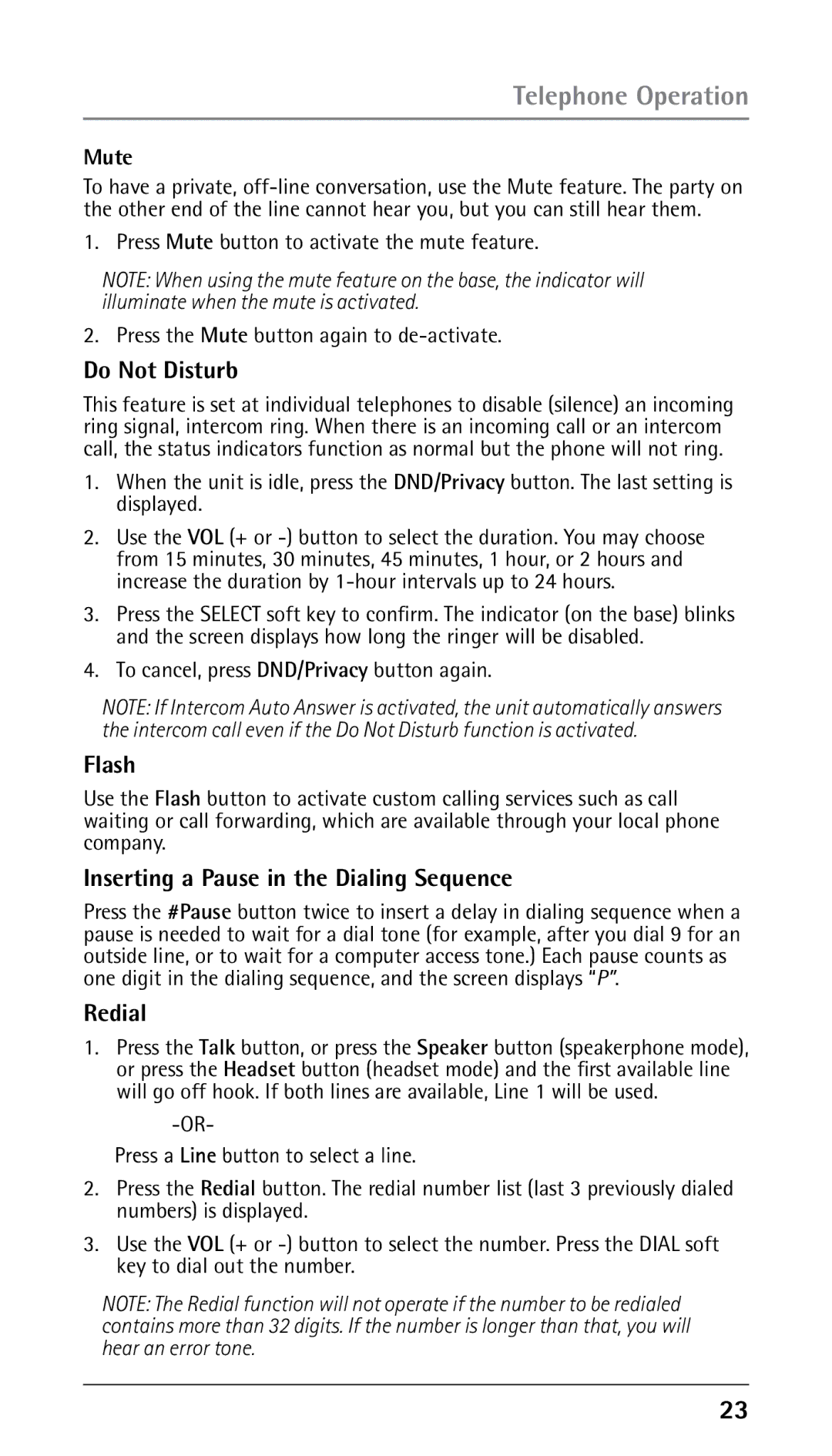 GE 25210 manual Do Not Disturb, Flash, Inserting a Pause in the Dialing Sequence, Redial, Mute 