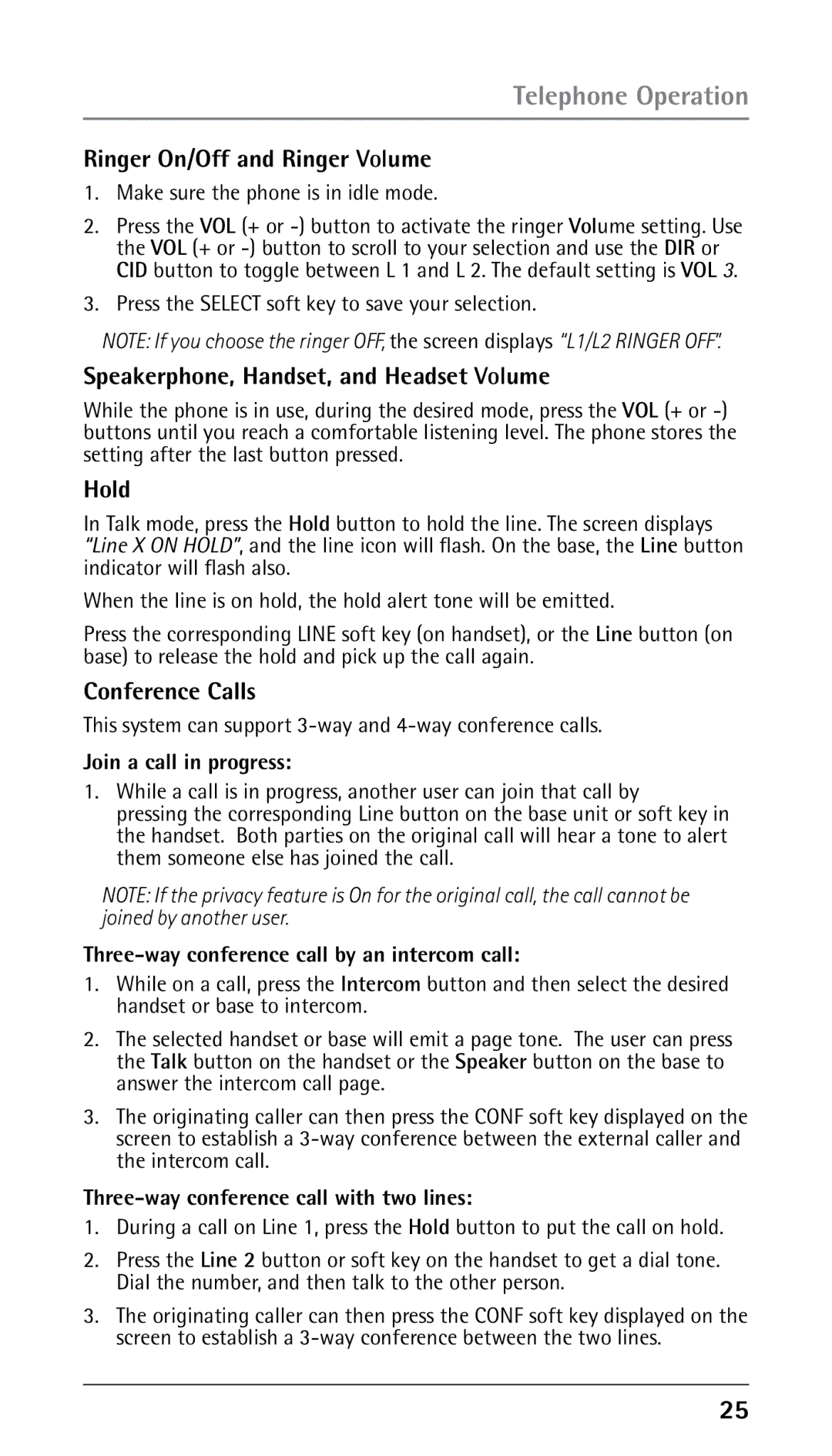 GE 25210 manual Ringer On/Off and Ringer Volume, Speakerphone, Handset, and Headset Volume, Hold, Conference Calls 