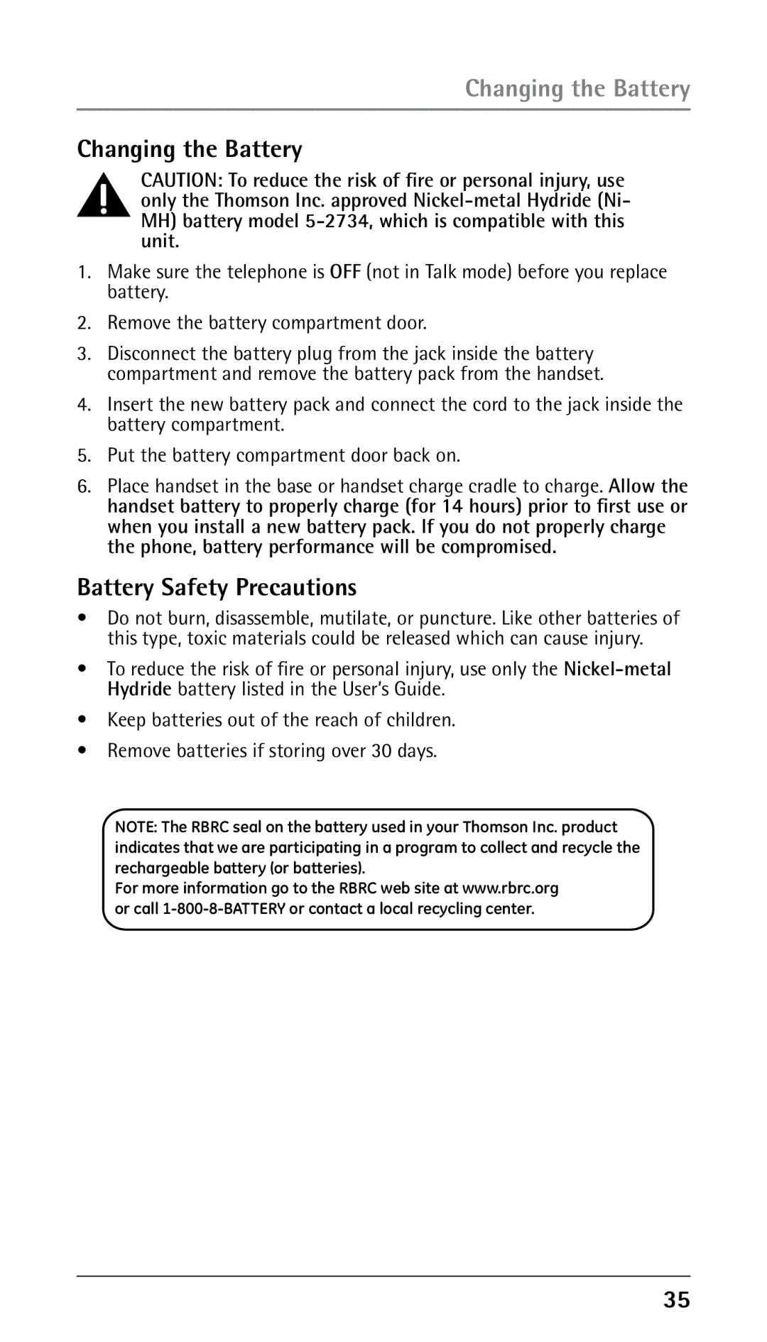 GE 25210 manual Changing the Battery, Battery Safety Precautions 