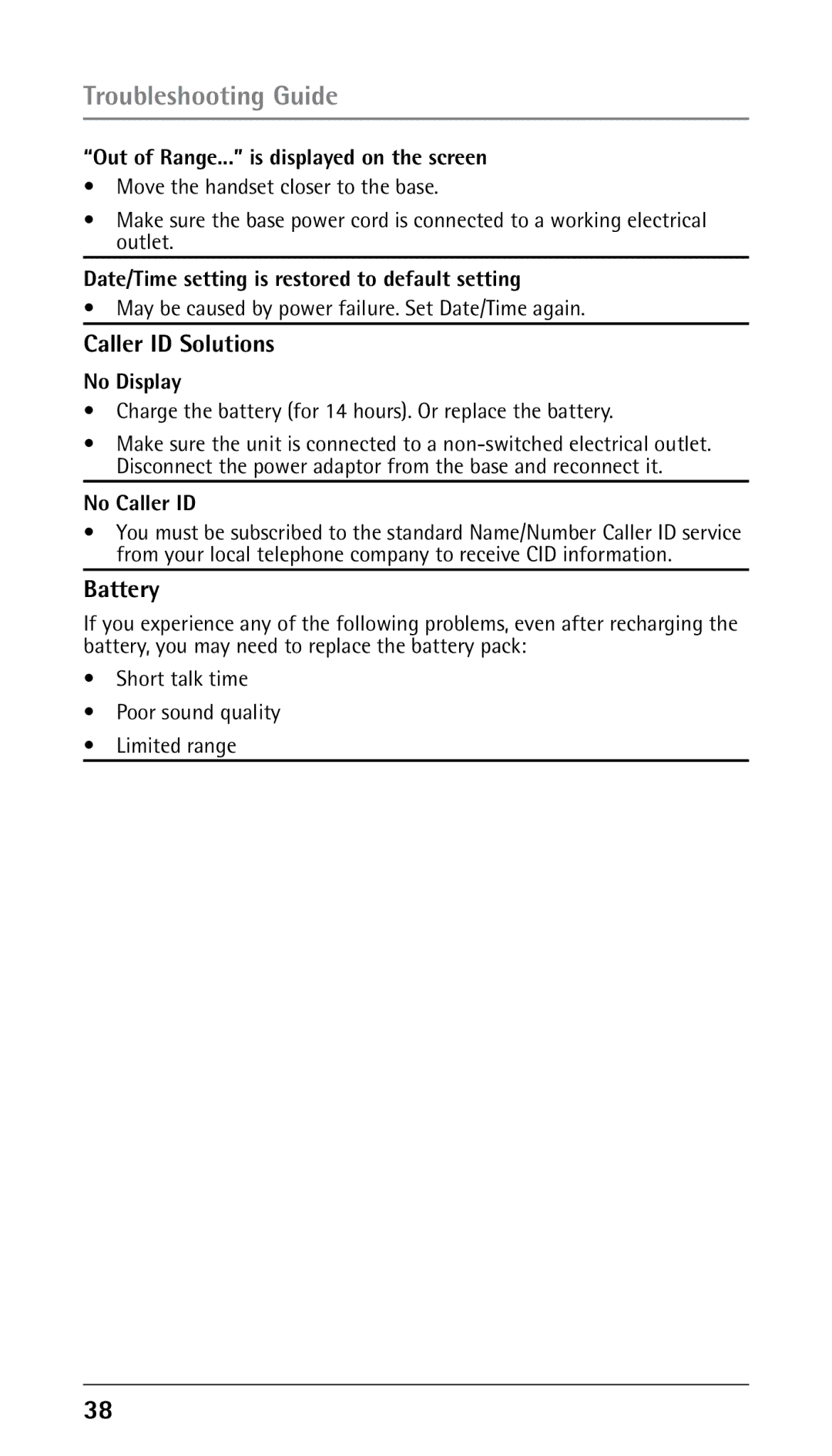 GE 25210 manual Caller ID Solutions, Battery 