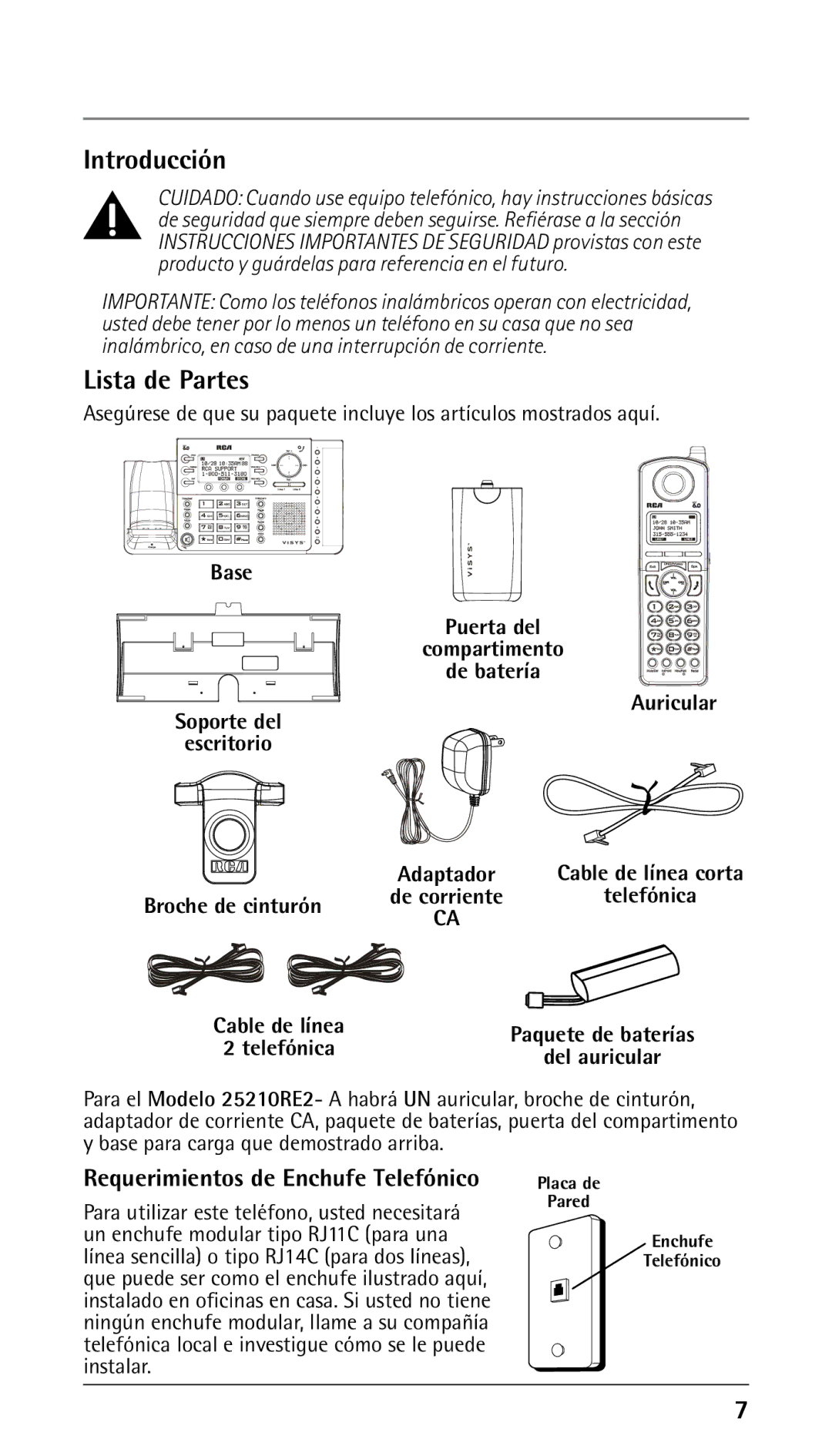 GE 25210 manual Introducción, Lista de Partes, Requerimientos de Enchufe Telefónico, Broche de cinturón 