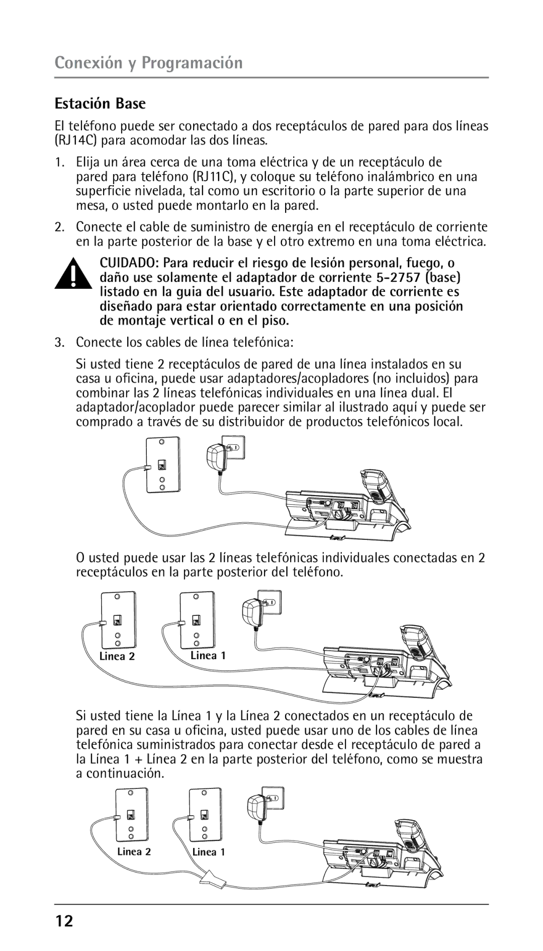 GE 25210 manual Estación Base, Conecte los cables de línea telefónica 